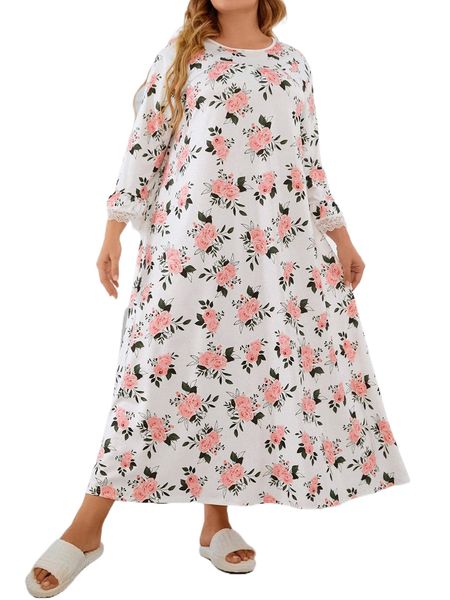 

nina bonheur plus floral print lace trim nightdress u0dr#, Black;white