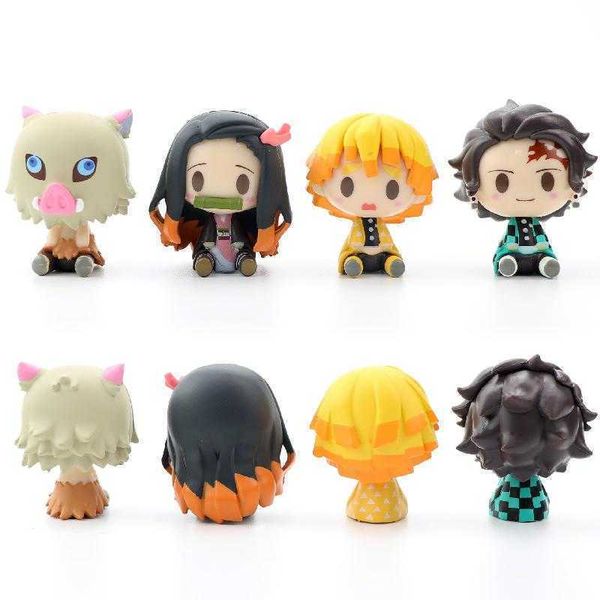 

huiya01 4pcs anime demon slayer kimetsu no yaiba seated version tanjiro nidouko kitchen door kawaii action figure model doll kids toys q0722