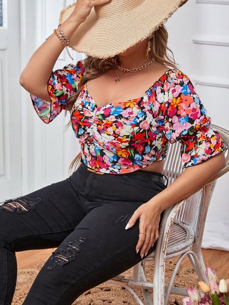 

plus allover floral print ruffle trim crop blouse k8ur#, Black