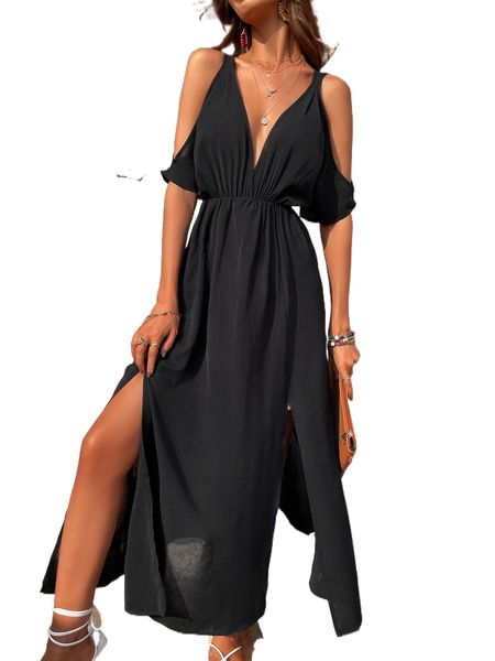 

plunging neck cold shoulder split thigh dress e8p5#, Black;gray
