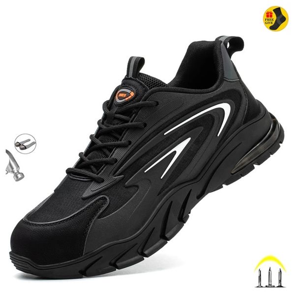 

summer work shoes men steel toe cap indestructible sneakers safety shoes lightweight reflective strip construction boots 220616, Black;brown