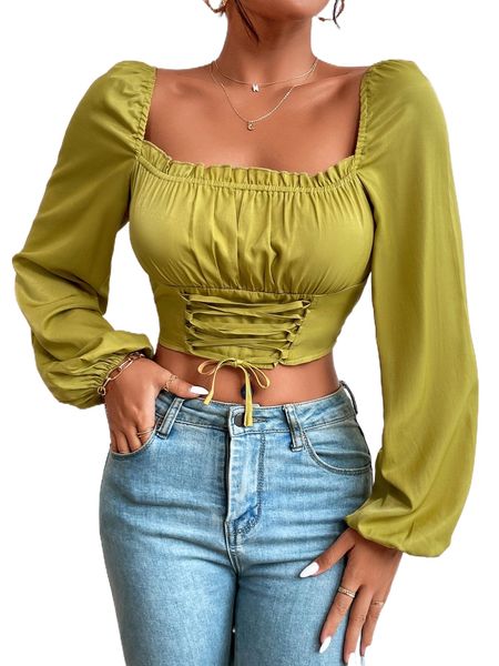 

ruched bust lace up crop blouse z60y#, White