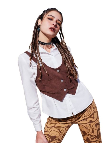 

romwe goth cowgirl solid button front blouse & button cami b3pt#, White