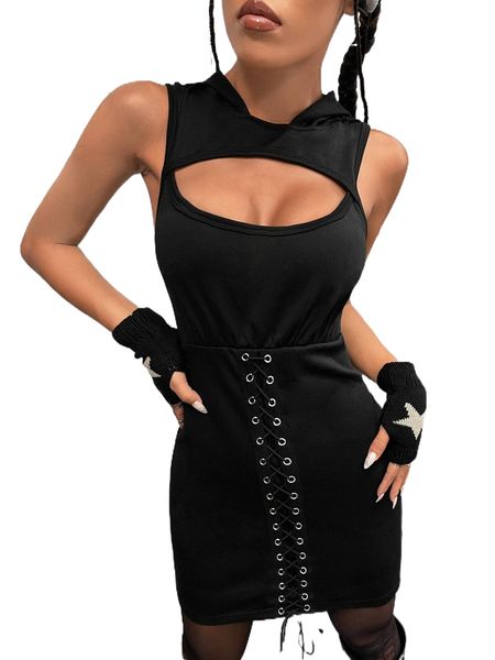

cut out grommet eyelet lace up bodycon dress n2hh#, Black;gray