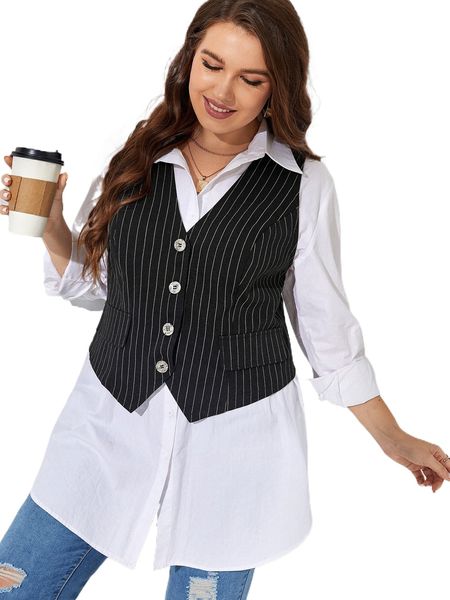 

plus striped vest blazer without blouse g9hj#, Black