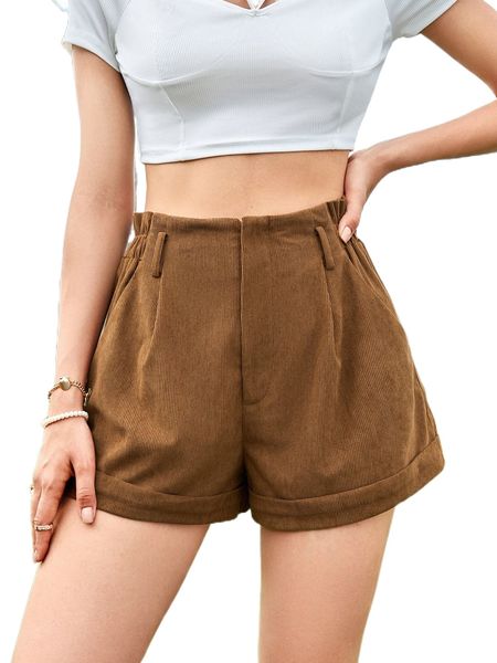 

paperbag waist roll up hem corduroy shorts 463y#, White;black