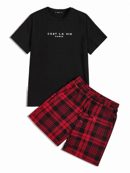 

men slogan graphic & plaid shorts set 384u#, Gray