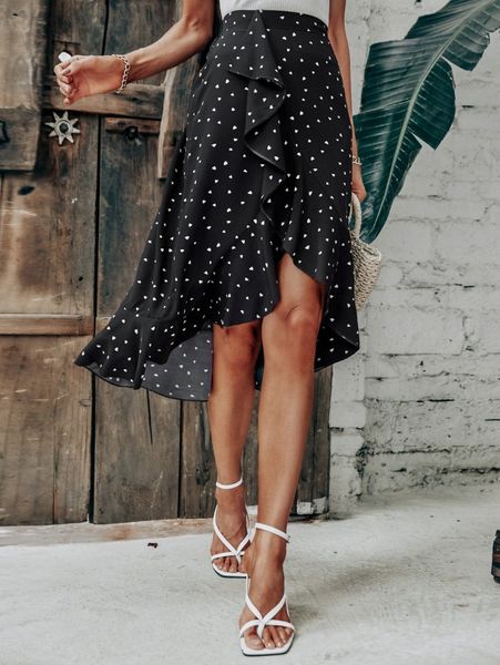 

all over heart print ruffle trim wrap hem skirt f2uu#, Black