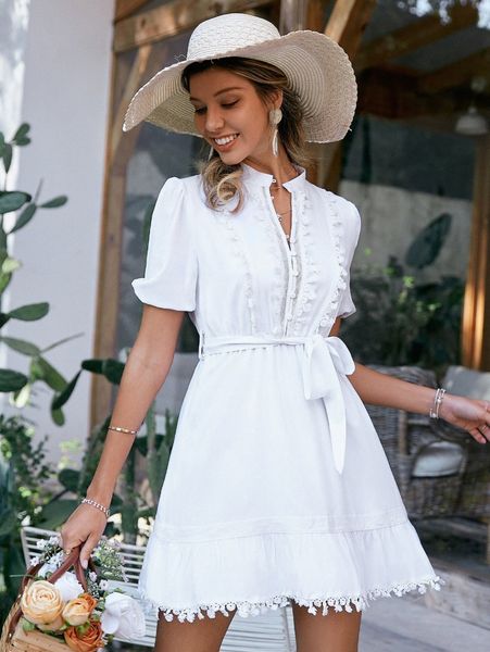 

simplee lace detail flounce hem dress k97f#, Black;gray