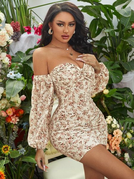 

off shoulder floral print chiffon bodycon dress 36fd#, Black;gray