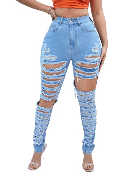 

sxy high waist ripped cut out skinny jeans v59h#, Blue