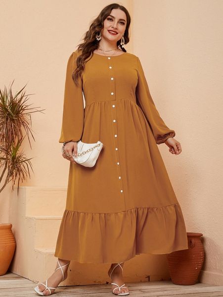 

plus lantern sleeve ruffle hem dress f3sn#, Black