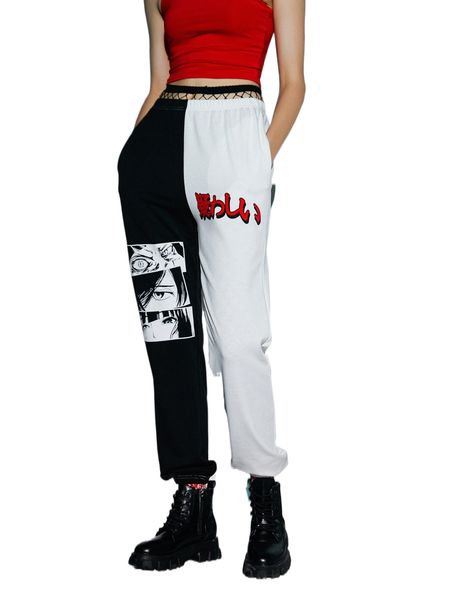 

romwe colorblock figure graphic sweatpants g2zw#, Black;white
