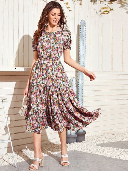 

allover floral print flounce hem a-line dress b5e8#, Black;gray