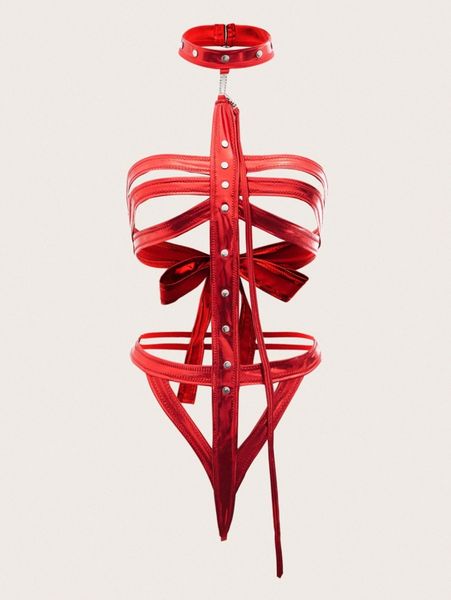 

patent studded cut-out choker teddy bodysuit k7ew#, Black;red