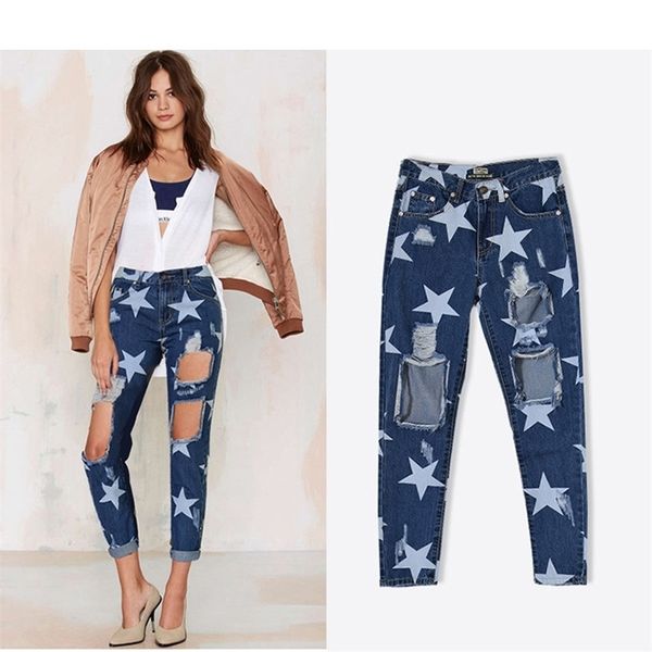 Jeans Boyfriend estivi Donna Jeans a buco grande per donna con jeans strappati a stella a cinque punte Pantaloni in denim blu chiaro 201109