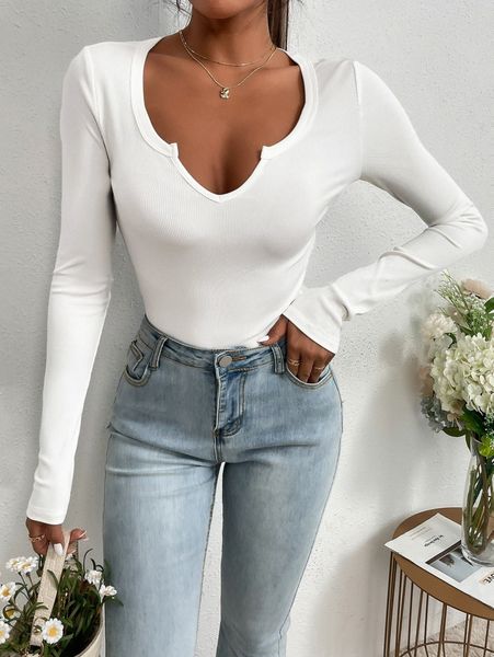 

rib knit notched neck tee j9pb#, White