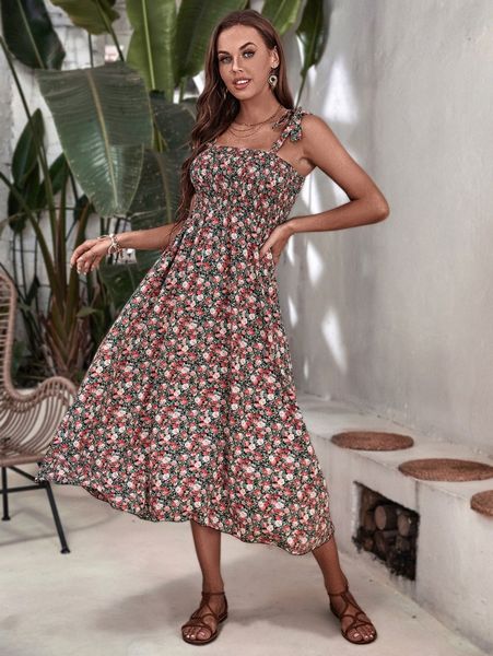 

allover floral print tie shoulder shirred cami dress i3t5#, Black;gray