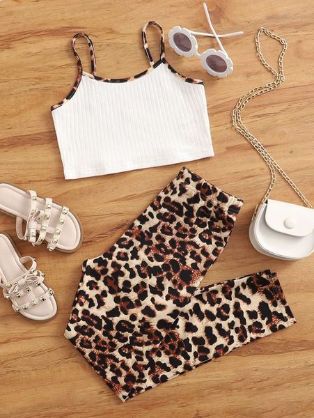 

girls leopard contrast binding cami & leggings she, White