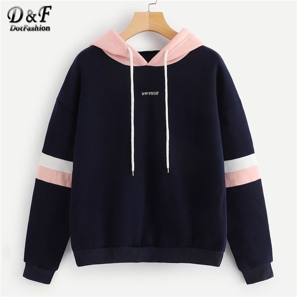 

dotfashion navy colorblock striped drawstring hoodie women clothes autumn casual long sleeve womens sweatshirt pullovers y200106, Black