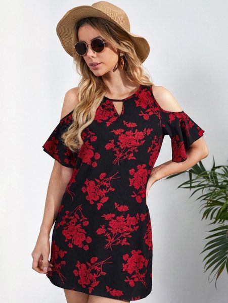 

floral print cold shoulder dress k7y4#, Black;gray
