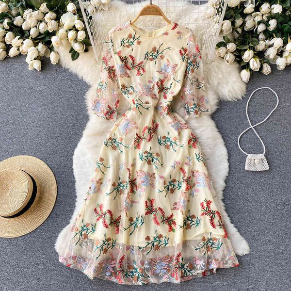 

casual dresses french gentle style printed mesh lace embroidery stitching waist closing thin bubble sleeve dress fairy skirt 944g, Black;gray