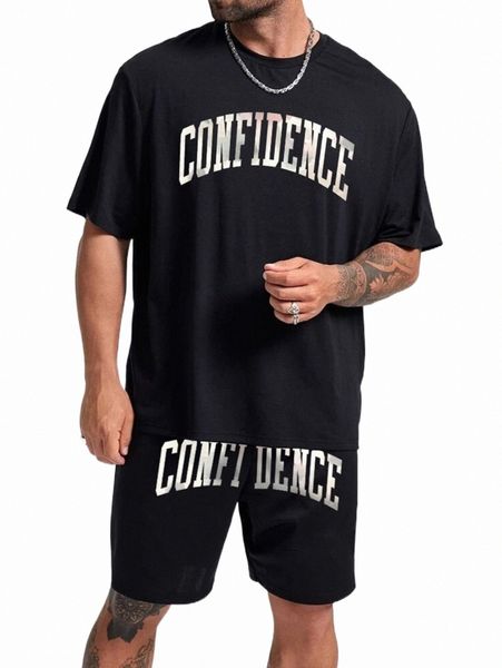 

men random letter graphic tee & drawstring waist shorts u9nj#, Gray