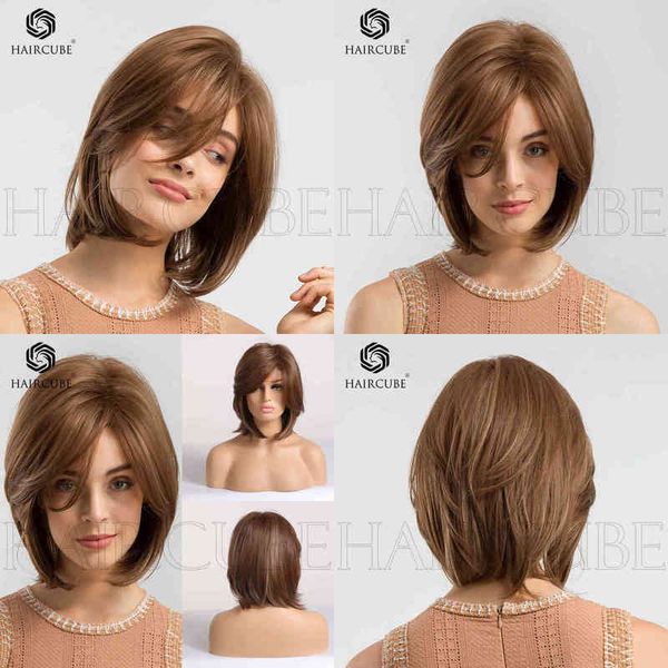 

human hair wig synthetic wigs style women's inverted hair style with bangs brown short straight hair wig head cover 220527, Black