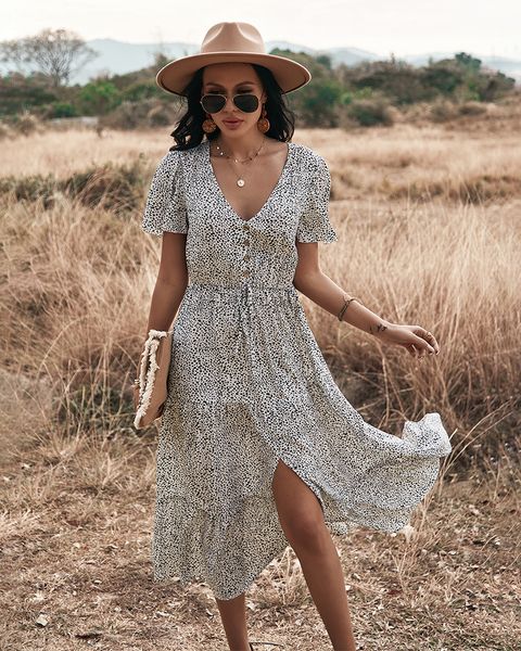 

2022 dot print ruffles summer cocktail dress women casual v neck draw string button dress for woman vintage white dresses vestidos, Black