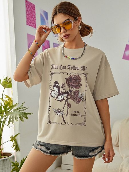 

slogan & butterfly print drop shoulder oversized tee h6ct#, White