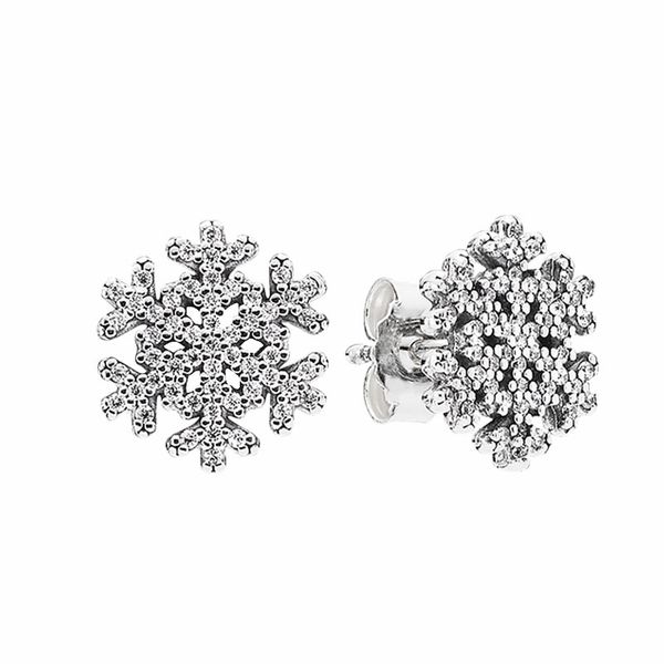 

full cz diamond sparkling snowflake stud earrings womens wedding gift designer jewelry with original box set for pandora 925 stelring silver, Golden;silver