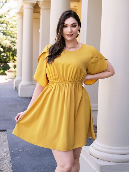 

plus petal sleeve a-line dress s2b4#, Black