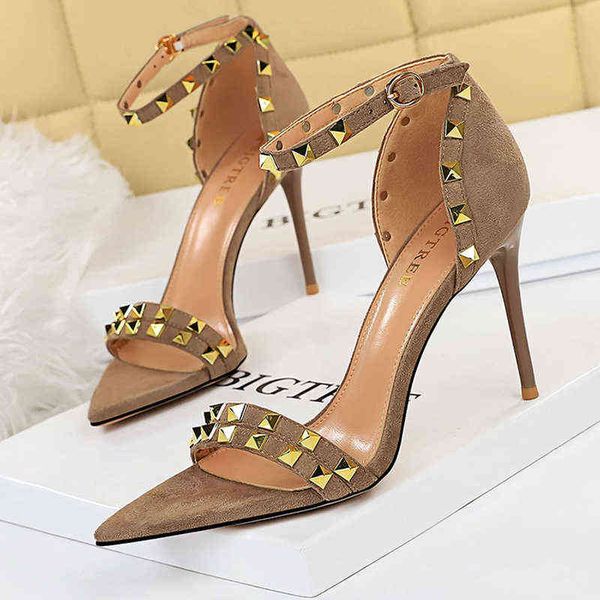 

bigtree shoes women sandals 2022 new metal stud stiletto heels ladies spring open toe high suede party 220531, Black