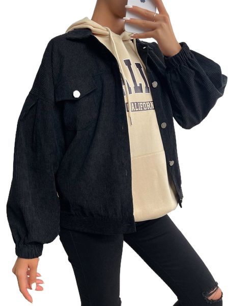 

flap pocket drop shoulder corduroy jacket o21i#, Black;brown