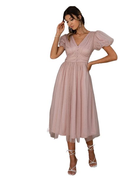 

simplee puff sleeve ruched button detail a-line dress q1oa#, Black;gray