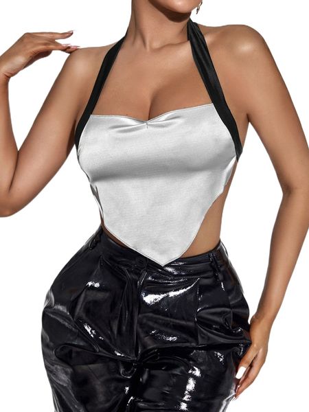 

sxy halter neck asymmetrical hem backless satin 76yl#, White
