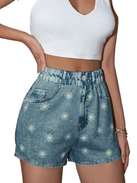 

floral print elastic waist shorts f6zx#, White;black