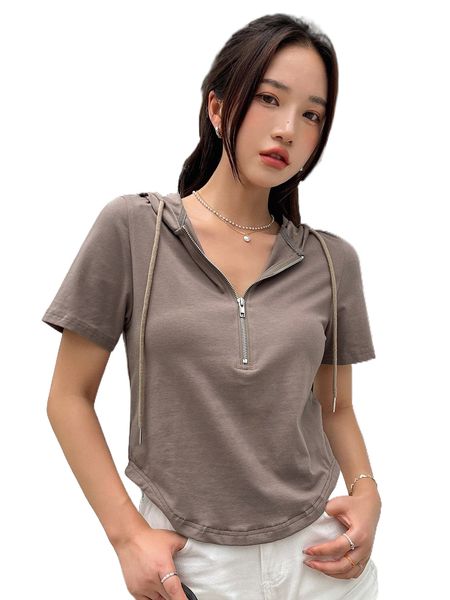 

dazy half zipper curved hem drawstring hooded tee k8sg#, White