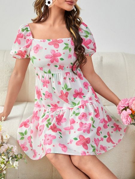

square neck floral print ruffle hem dress t1le#, Black;gray