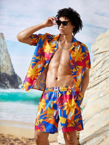 

men tropical print shirt & drawstring waist shorts l45h#, Gray