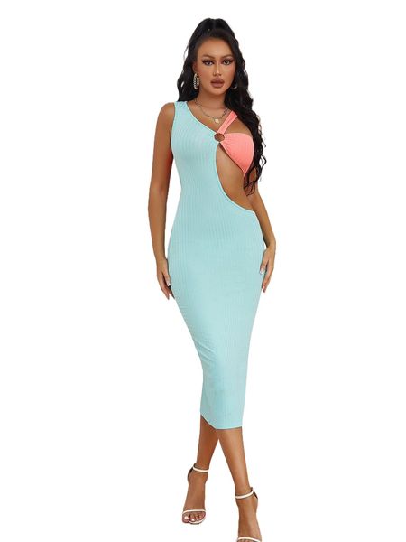 

color block cut out ribbed knit bodycon dress n9bv#, Black;gray