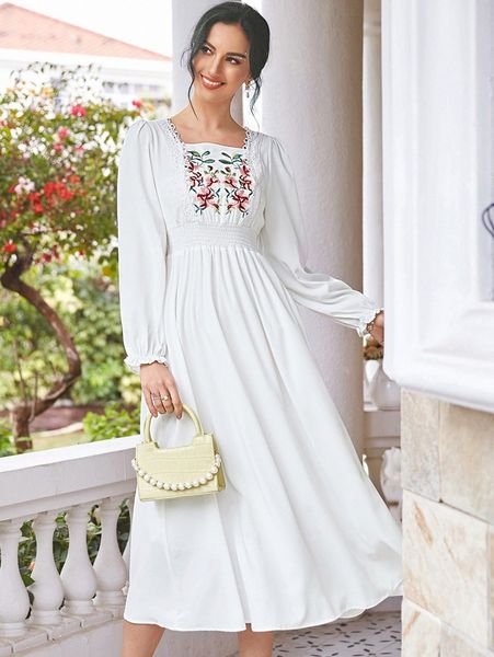 

floral embroidered shirred waist flounce sleeve guipure lace detail dress t11l#, Black;gray