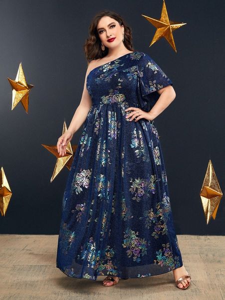 

plus floral print one shoulder glitter maxi dress x6vy#, Black