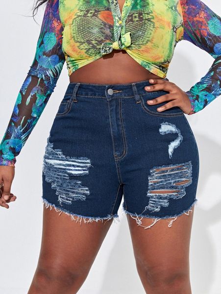 

sxy plus ripped raw hem slant pocket denim shorts j4tv#, White;black