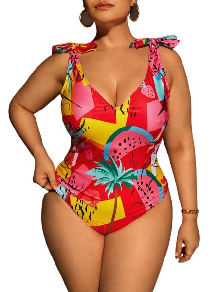 

plus tropical & fruit print tie shoulder one piece swimsuit 56di#, White;black