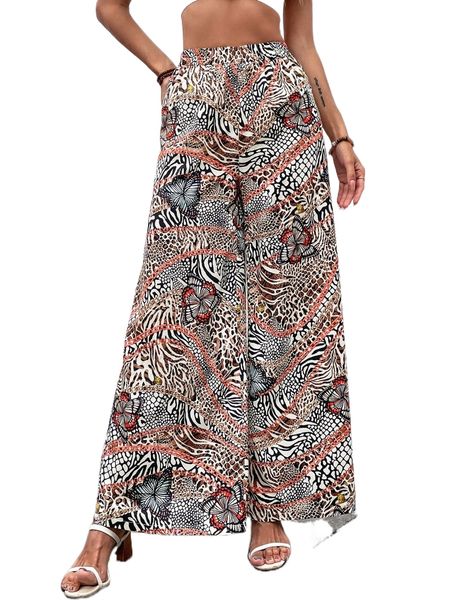 

zebra striped & chain print wide leg pants 12rz#, Black;white