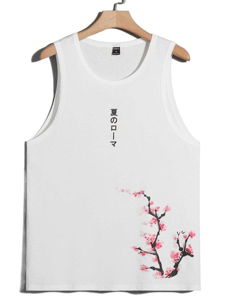 

men japanese letter & floral print tank f6cn#, White;black
