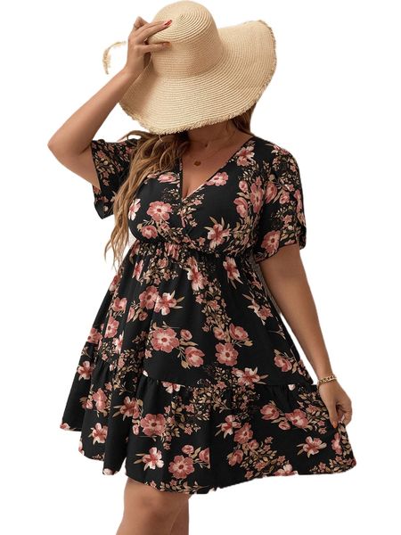 

plus floral print ruffle hem a-line dress g6ri#, Black