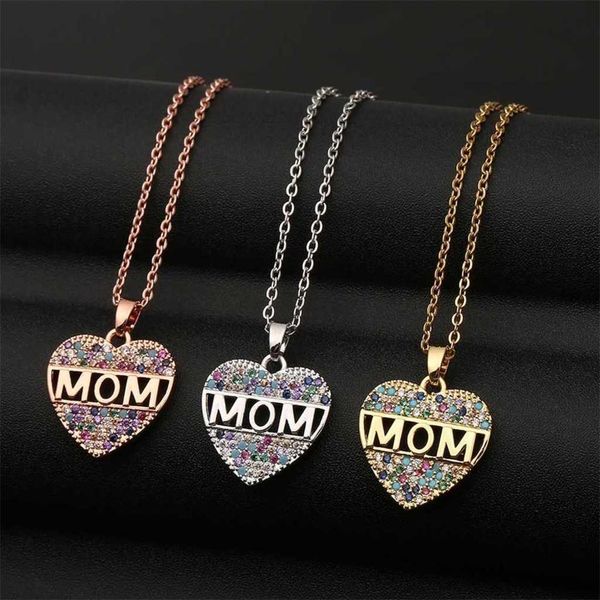 

rainbow colorful mom letters love heart shape jewelry necklaces fashion mothday's day diamond inlaid pendant party birthday gifts neckl, Red;brown