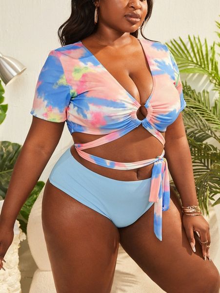 

plus tie dye rib ring linked bikini swimsuit i5ju#, White;black